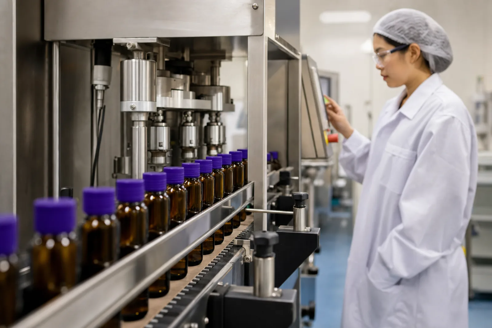 VKA automated bottling and capping line with rows of purple-capped amber bottles on the conveyor