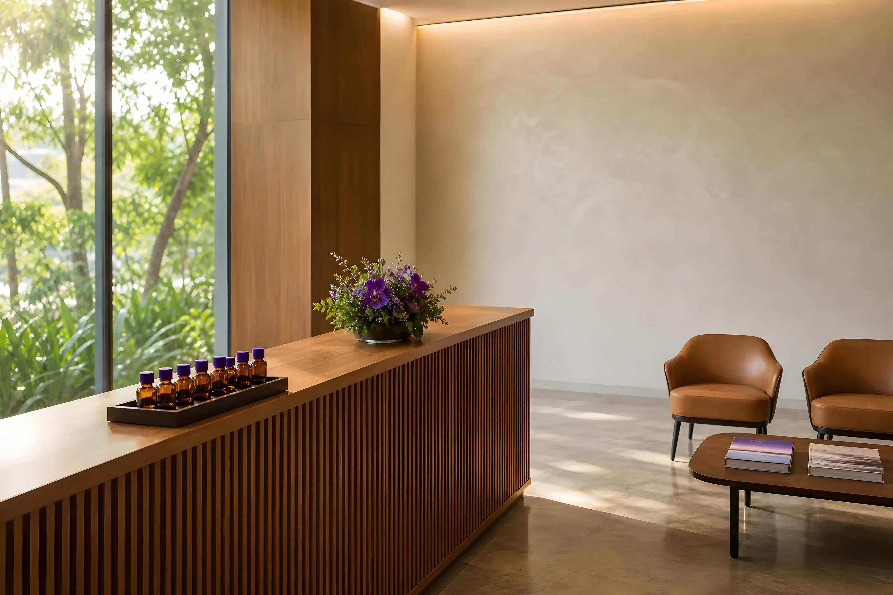 VKA reception lobby with a warm timber desk and a display of purple-capped sample bottles
