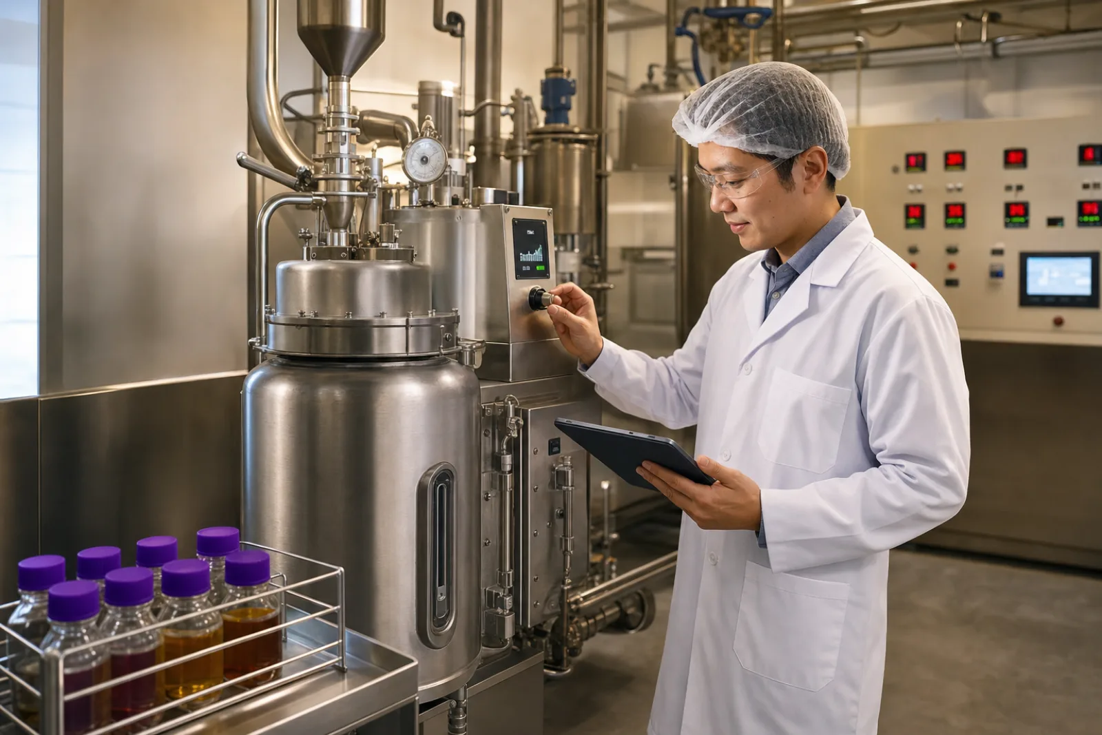 VKA pilot plant with smaller-scale jacketed vessel and Asian process engineer