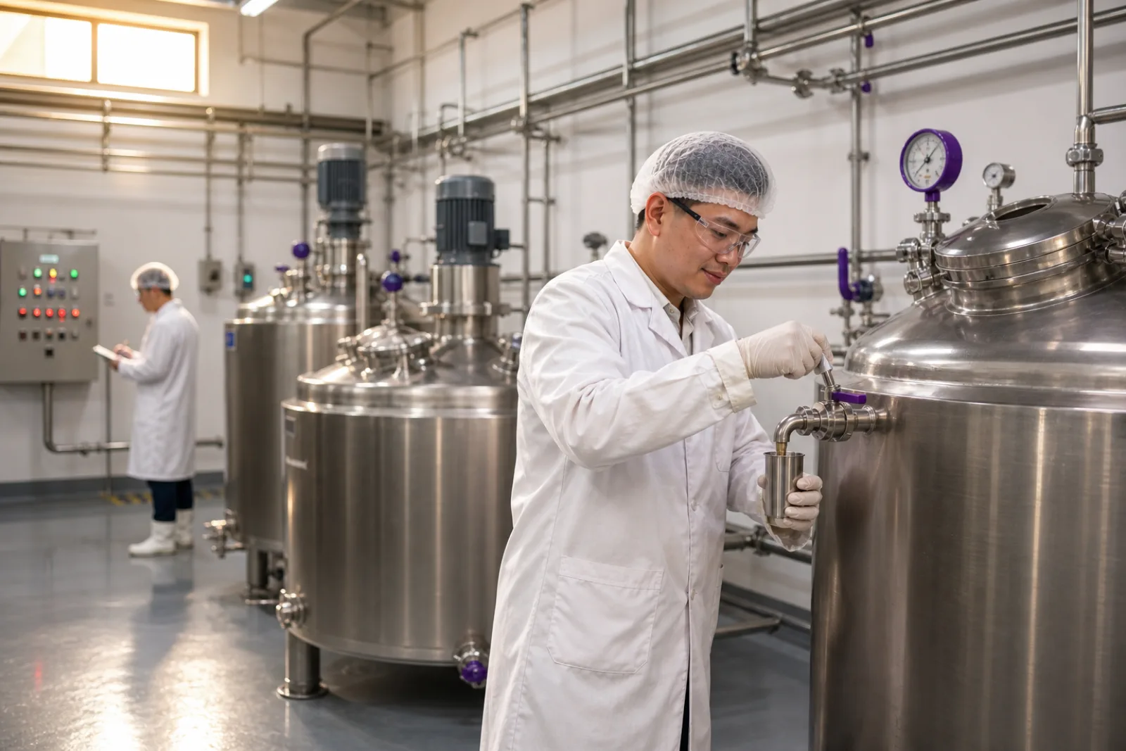 VKA production floor with stainless-steel blending tanks and Asian PPE-clad technician drawing a sample