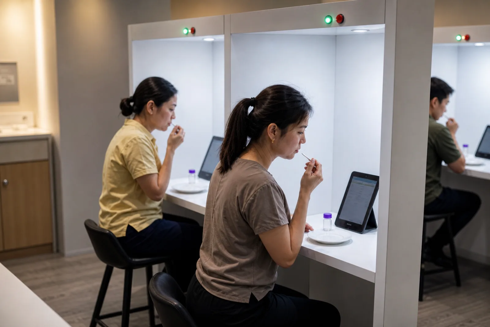 VKA sensory evaluation booths with Asian panelists mid-taste, neutral-spectrum booth lighting