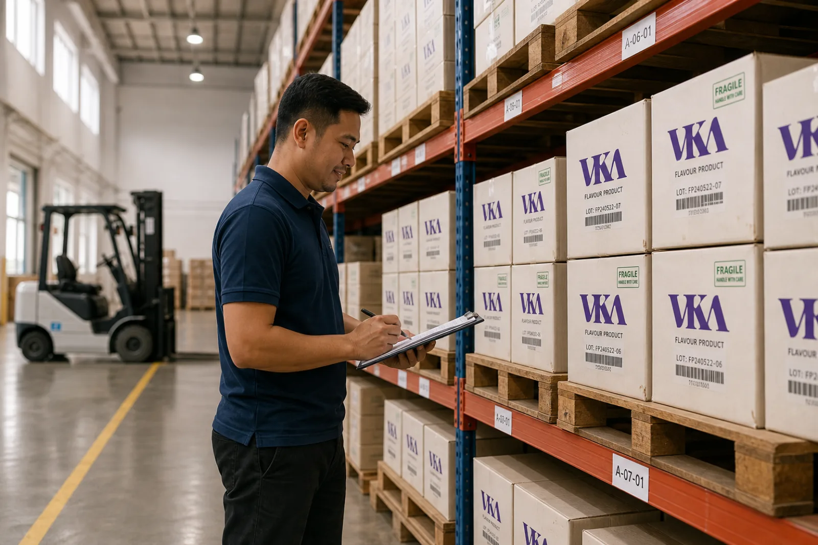 VKA warehouse with palletised VKA-branded product cases on industrial shelving