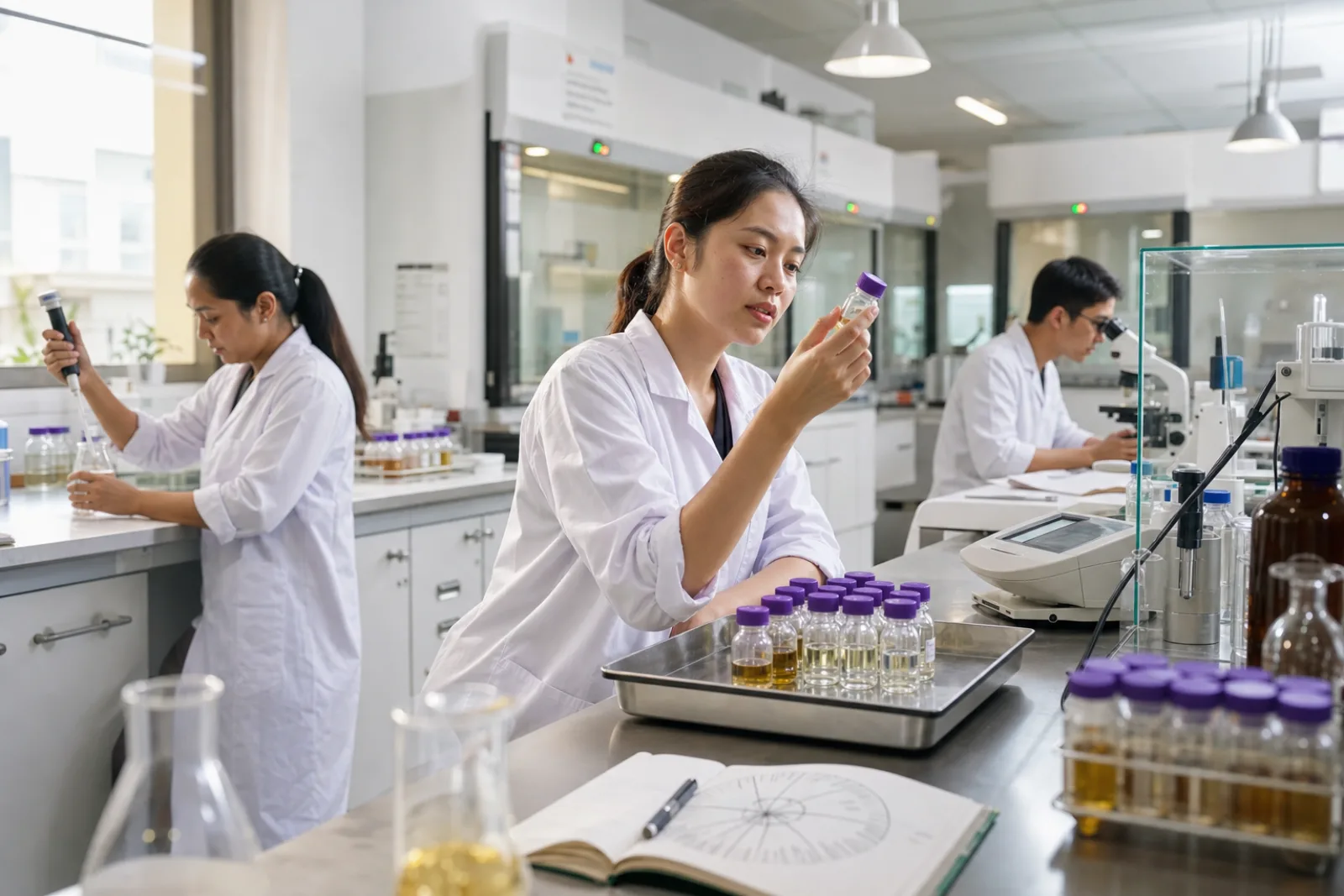 VKA R&D lab wide view, three Asian flavour scientists at different stations with purple-capped sample bottles