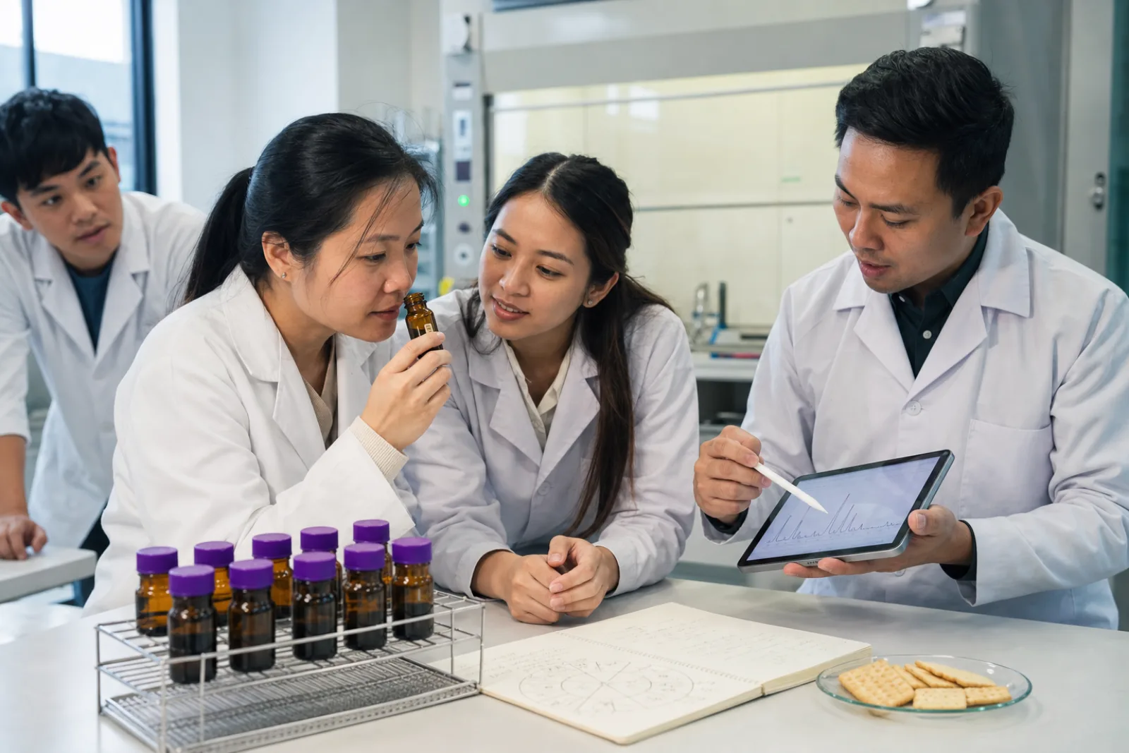 VKA R&D team mid-problem-solving huddle around a bench, four Asian scientists evaluating a sample together
