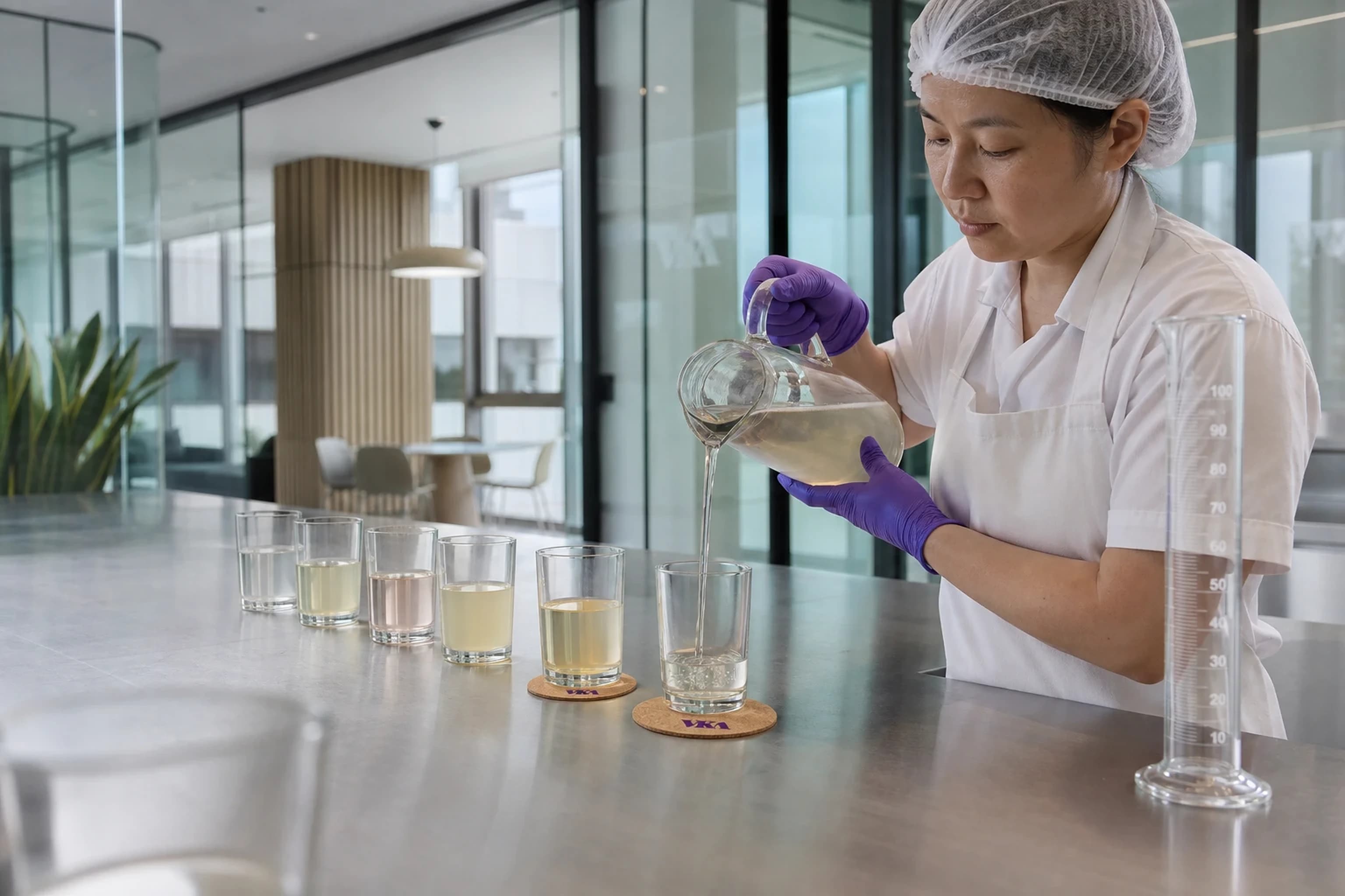 A beverage application bench with samples lined up for assessment