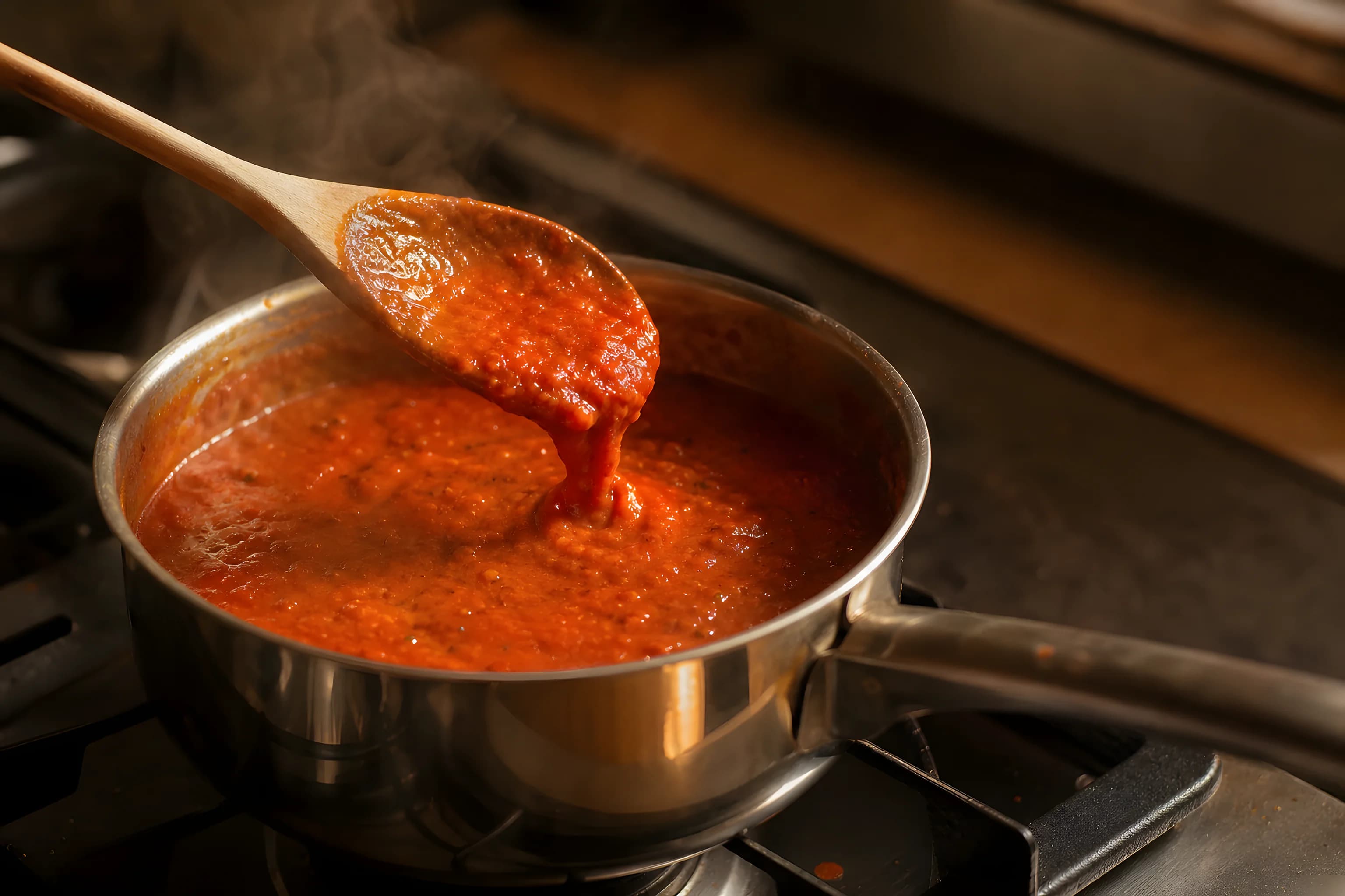 A sauce reducing in a pan in the application kitchen