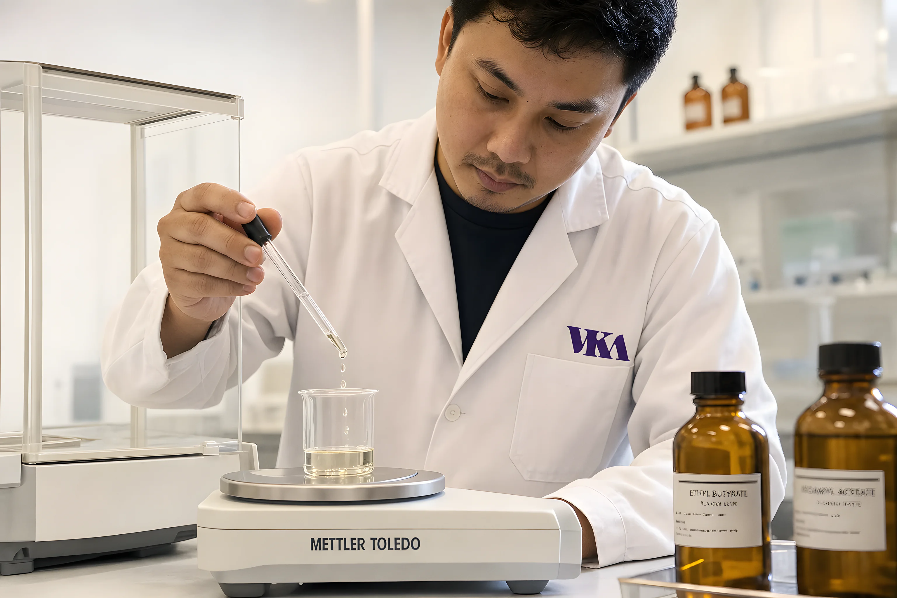 A VKA flavourist dosing a flavour oil on an analytical balance
