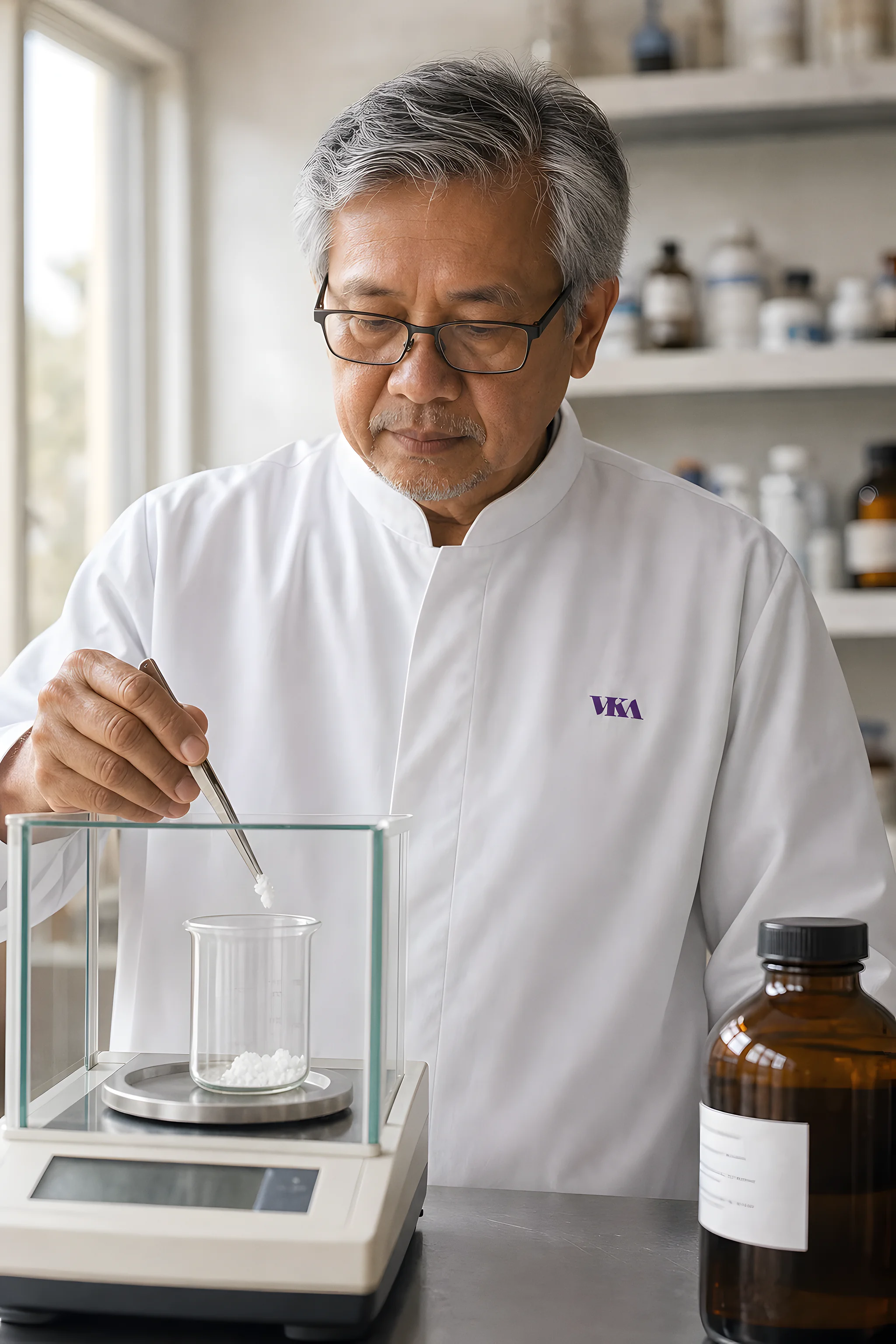 A VKA technologist weighing a flavour component at a precision balance