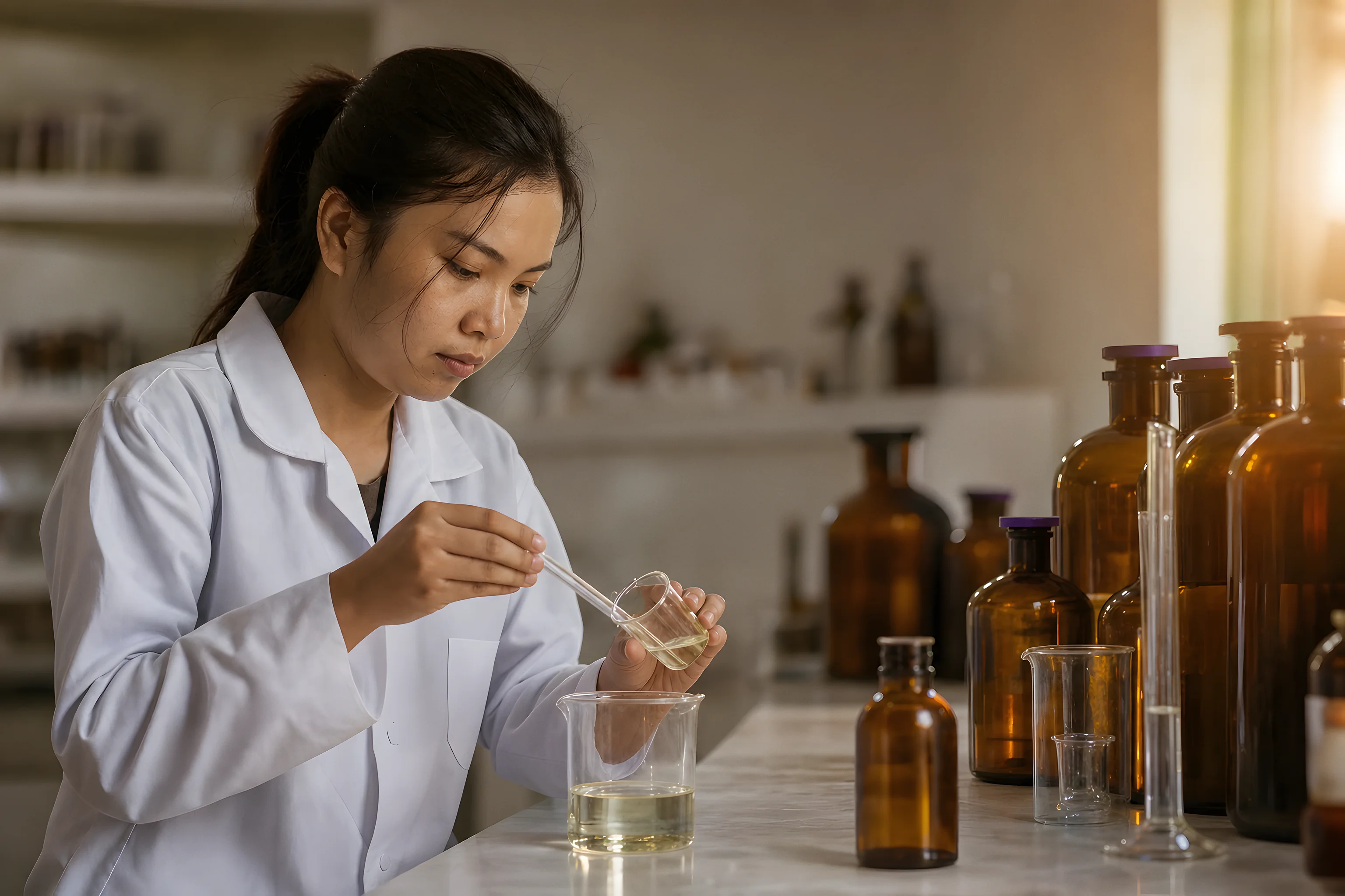 A VKA technologist diluting a flavour concentrate into a beaker at the compounding bench