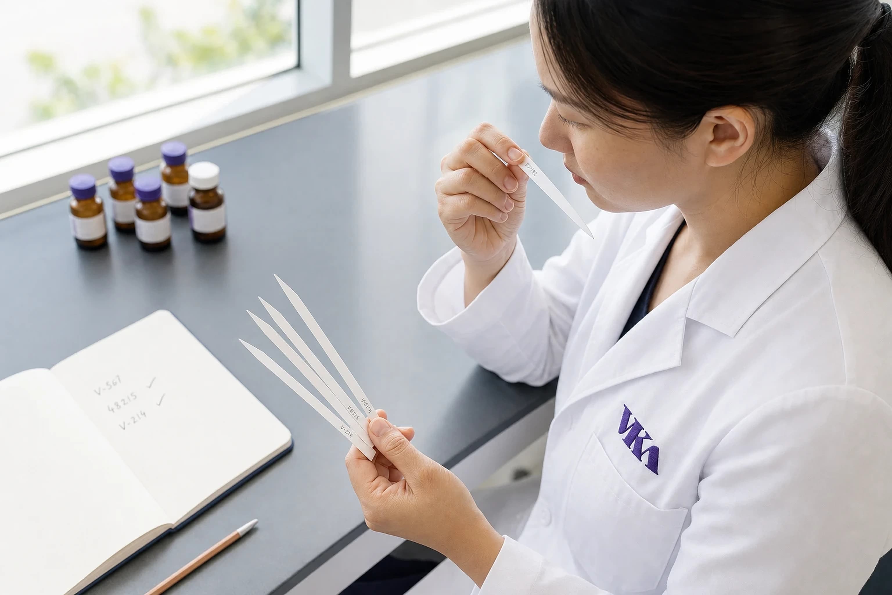A VKA flavourist evaluating an aroma on a smelling strip at the bench