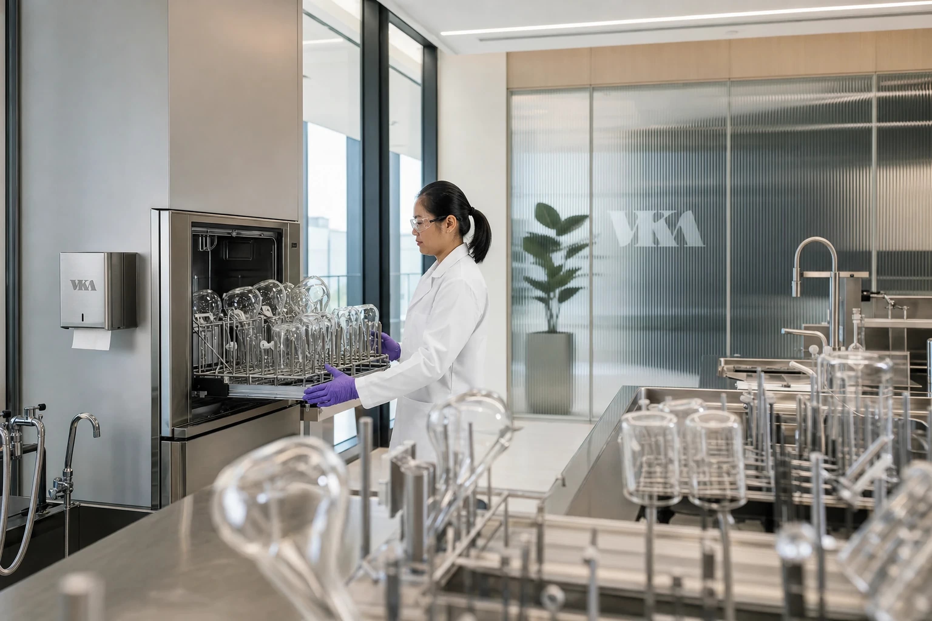 Laboratory glasswash station with racked drying glassware