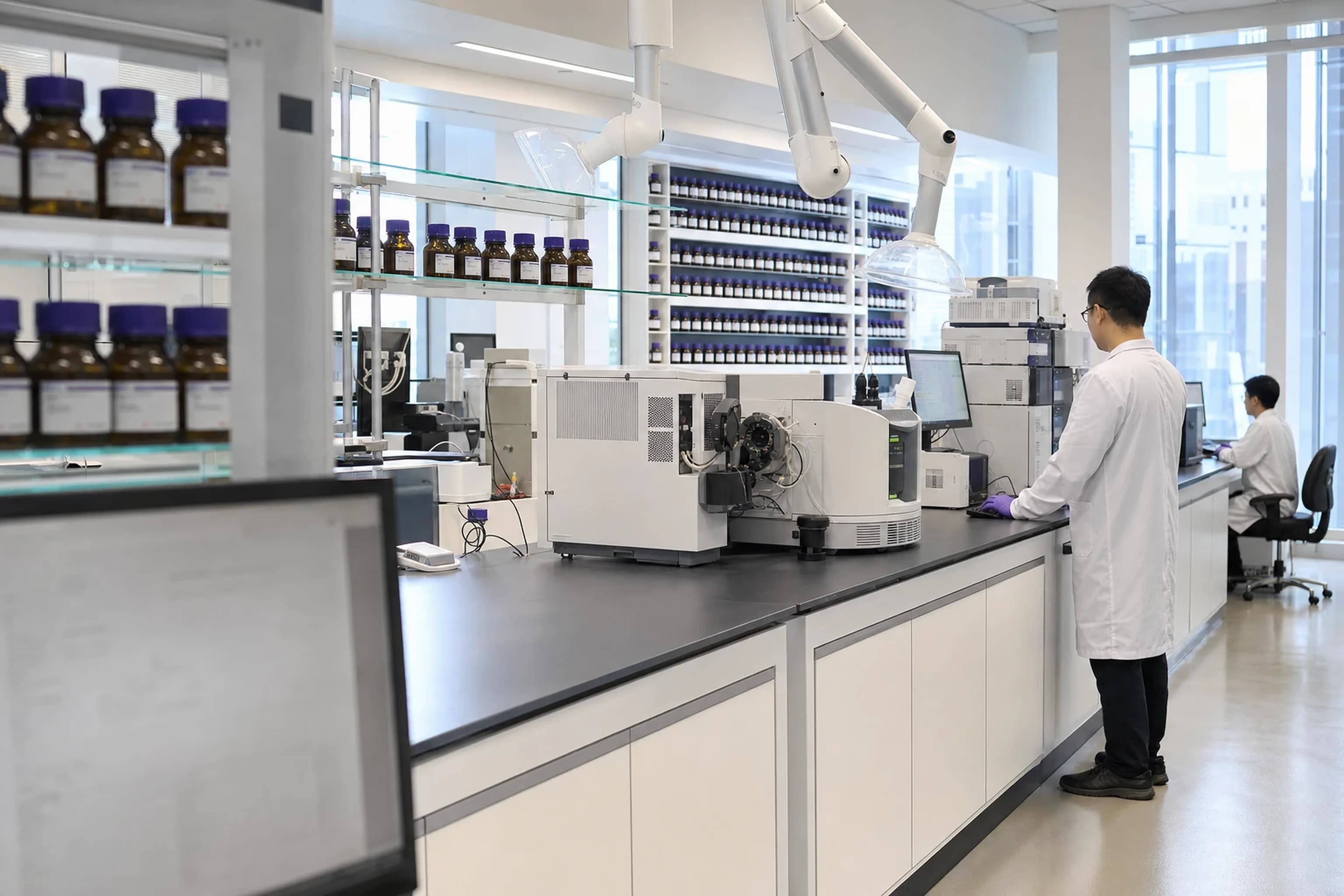 The VKA analytical laboratory, instrument benches and reagent shelves running along the window wall