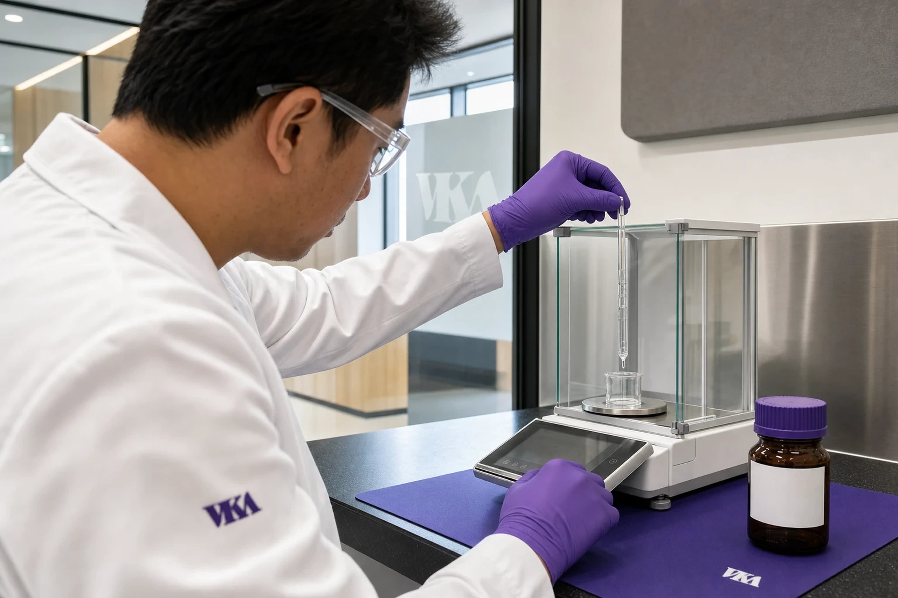 A VKA technologist weighing a flavour component at a precision balance