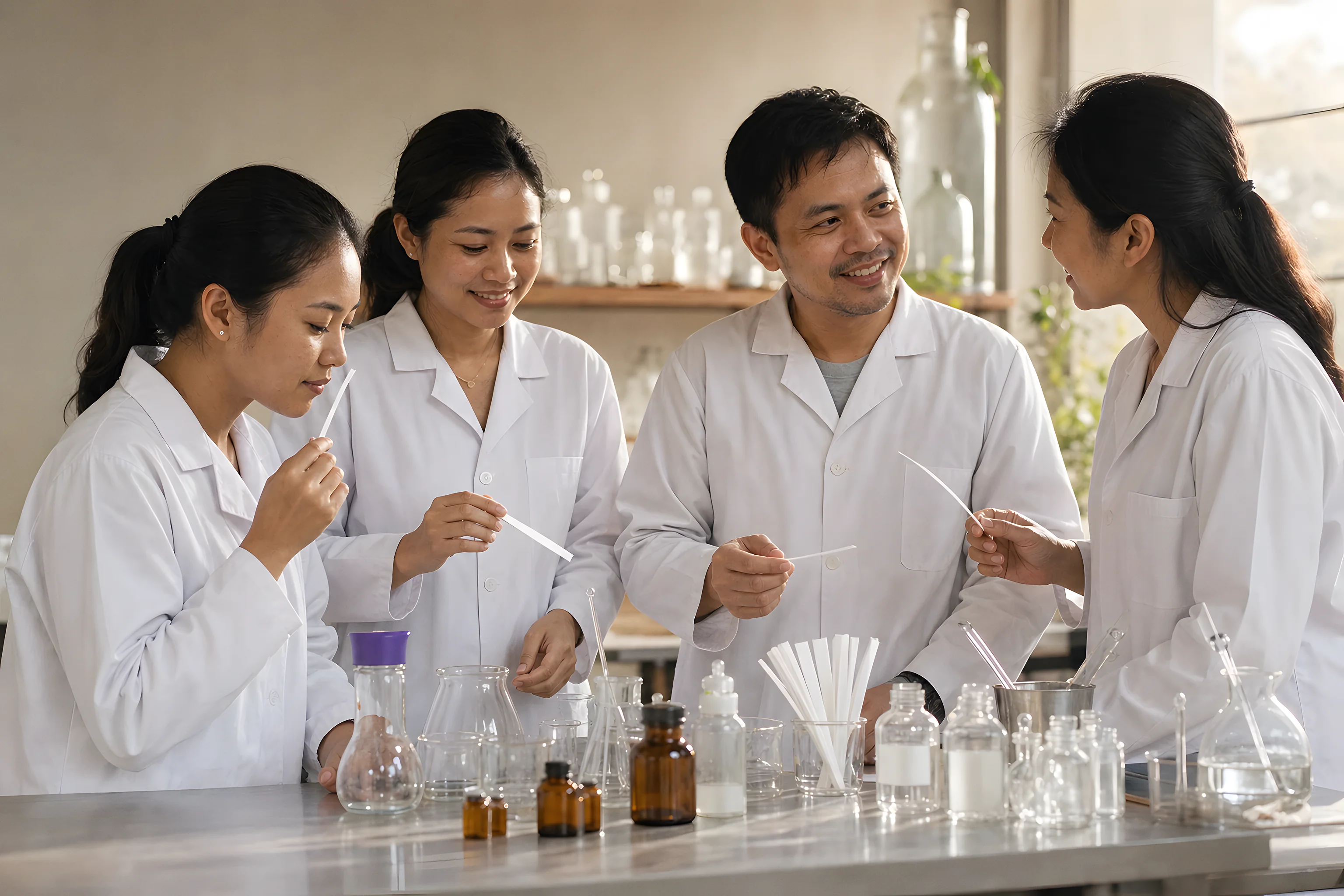 A VKA team in branded white lab coats gathered around a flavour sample in the lab