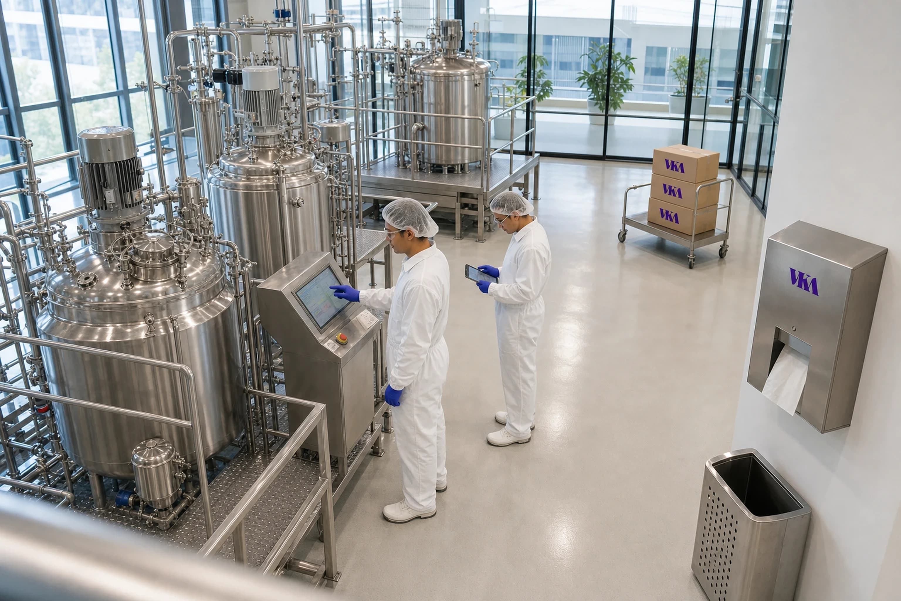 A clean modern production floor with stainless blending vessels