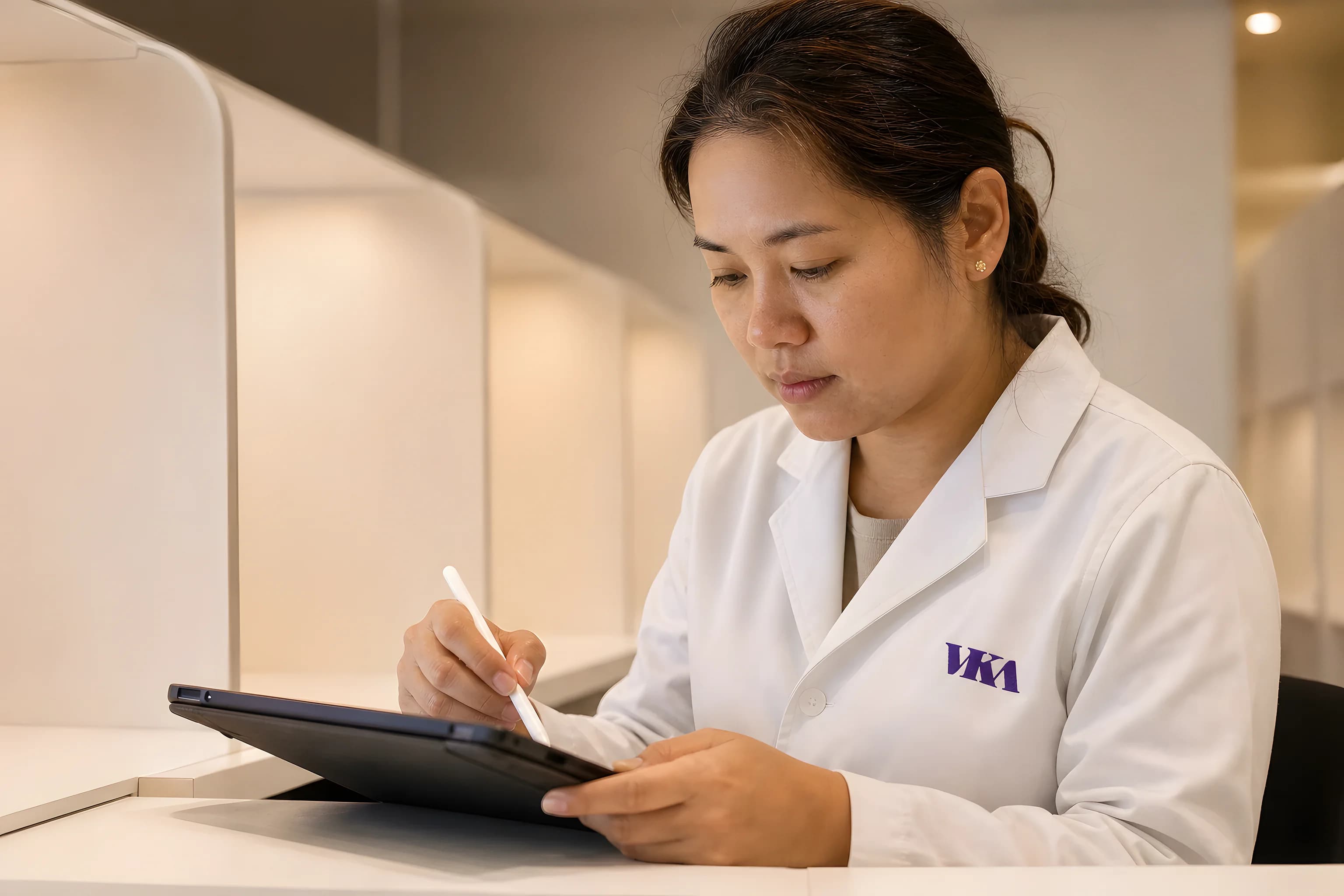 VKA sensory evaluation booths with Asian panelists mid-taste, neutral-spectrum booth lighting