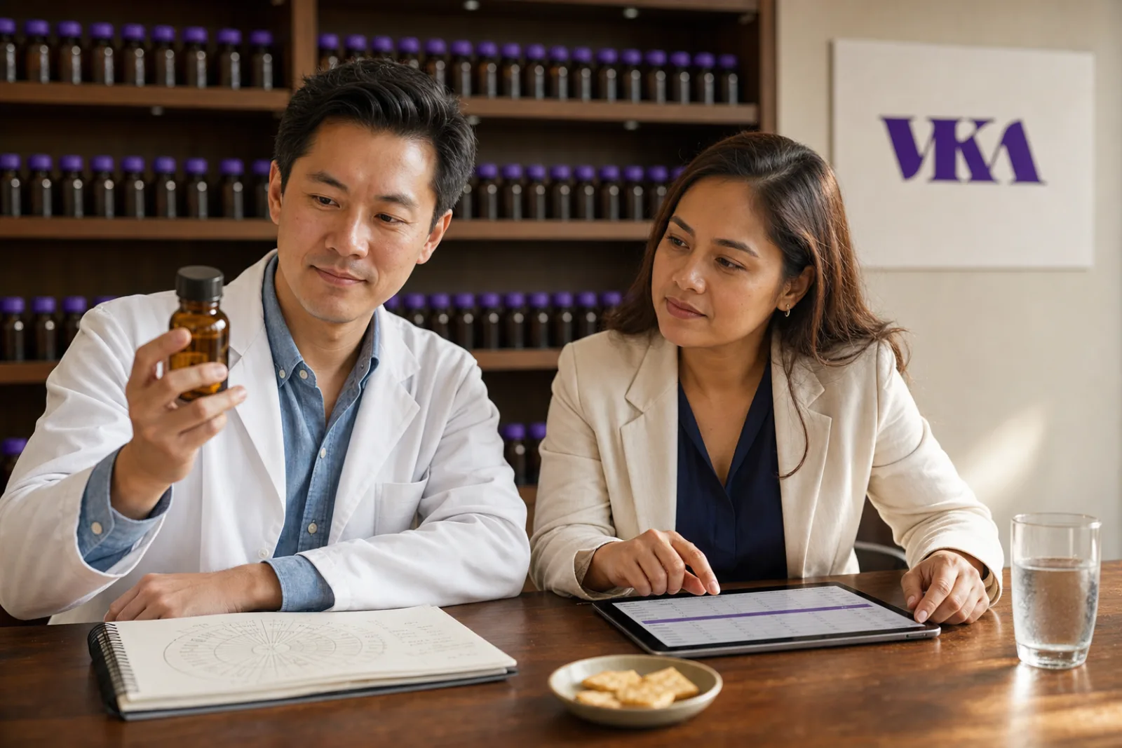 Singaporean Chinese flavourist holding a sample bottle to the light beside a Filipina buyer reviewing data on a tablet, multi-coloured VKA logo wall panel in the background