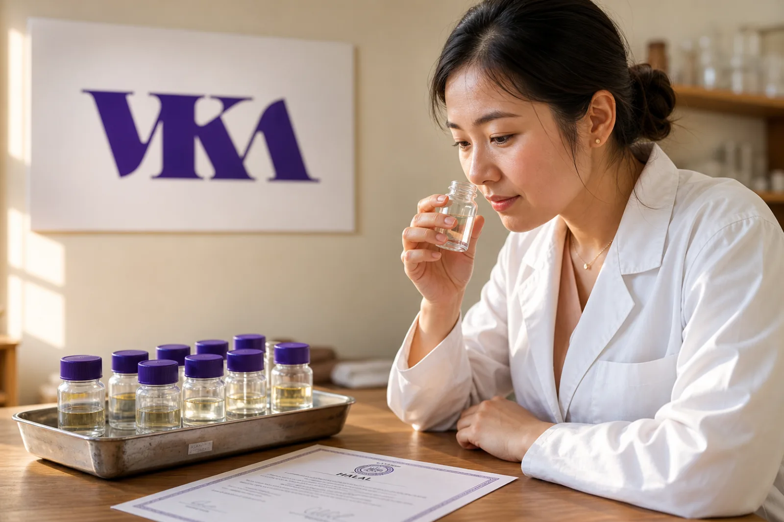 Singaporean Chinese flavour technologist examining a sample bottle at a lab bench, HALAL certificate on the bench and a multi-coloured VKA logo wall panel behind