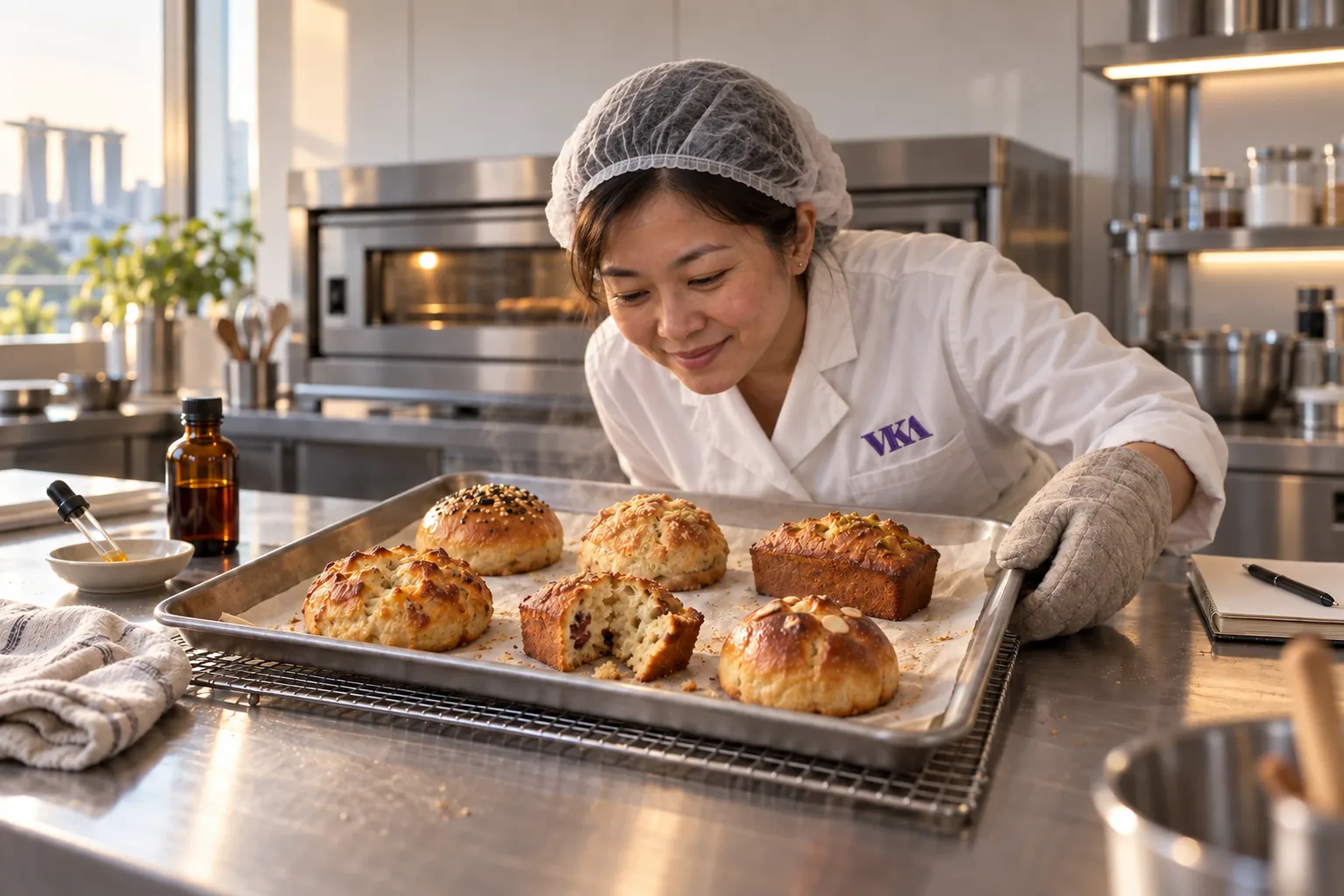 A baker in a hairnet leaning over a tray of freshly baked buns and loaf cakes, their browned crusts in front of an oven