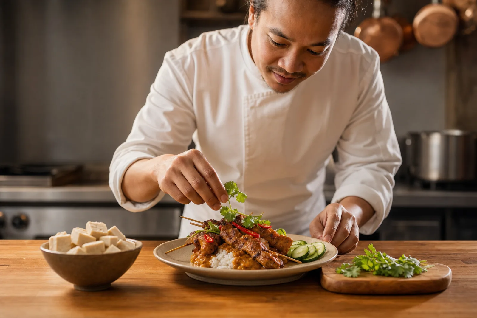 Southeast Asian chef plating a plant-based satay dish over rice, with tofu cubes and fresh coriander, in a warmly-lit professional kitchen