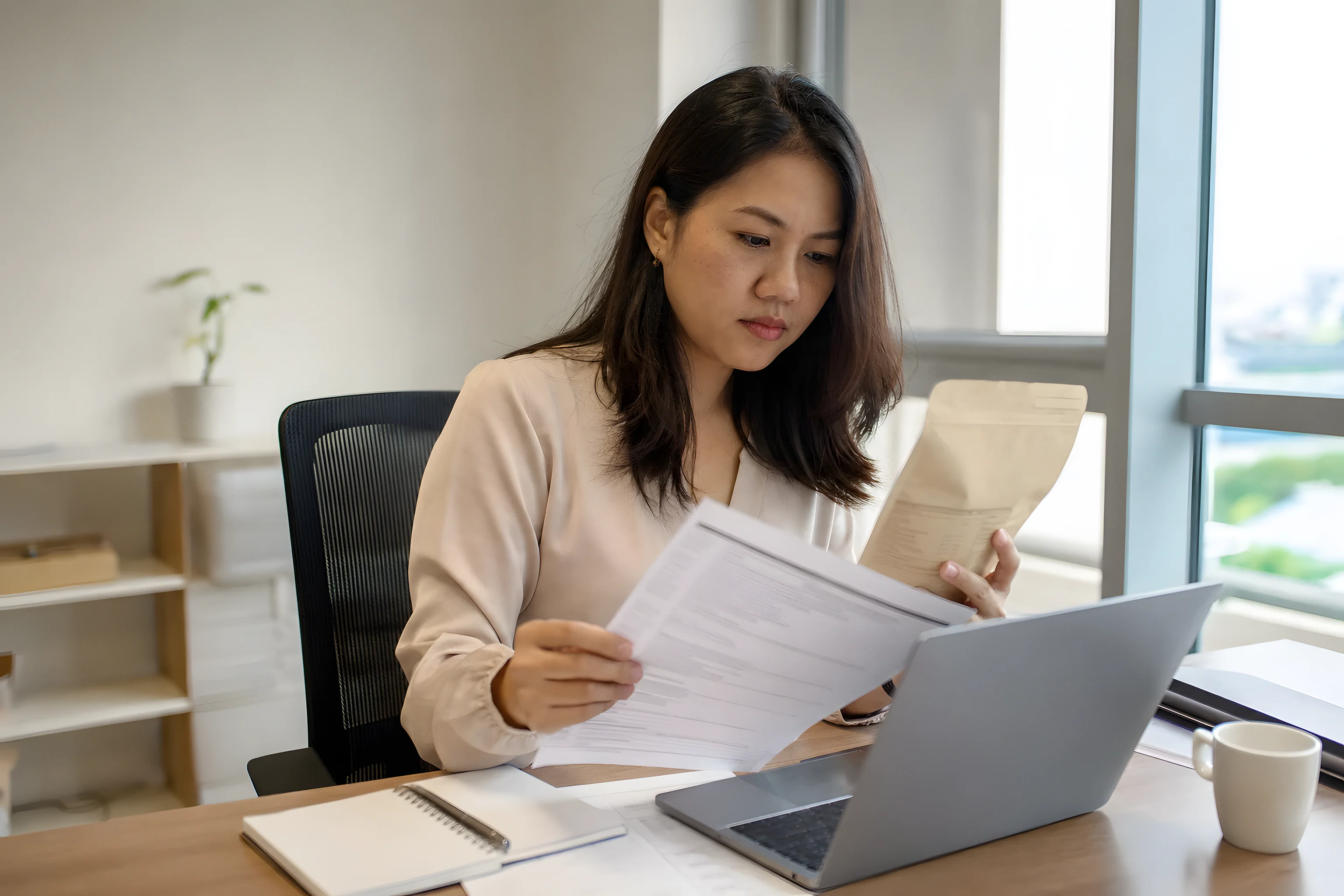 Seorang perempuan di meja kantor membandingkan lembar cetak dengan label pada kemasan kertas kraft, di samping laptop