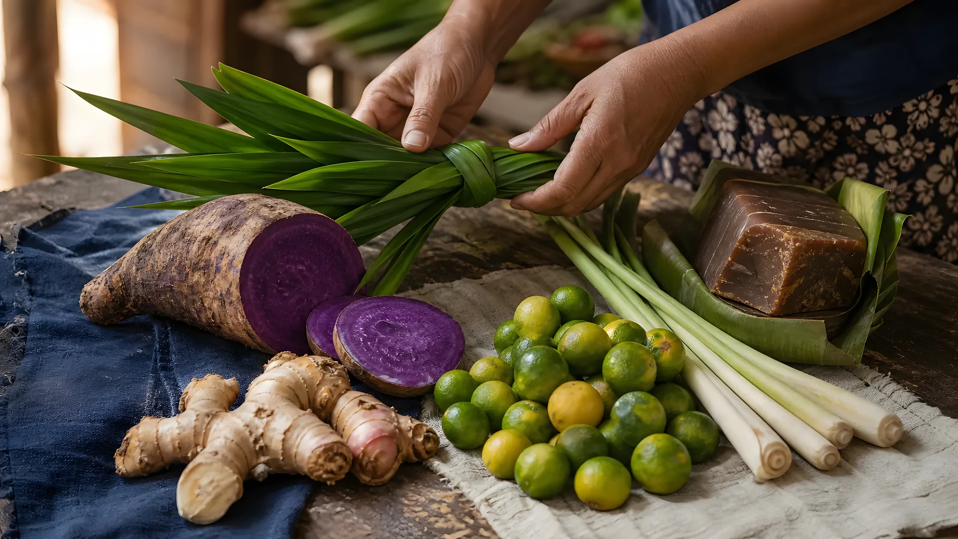Hands arranging Southeast Asian flavour ingredients, including ube, ginger, lemongrass, pandan leaves, calamansi and palm sugar, on a woven cloth