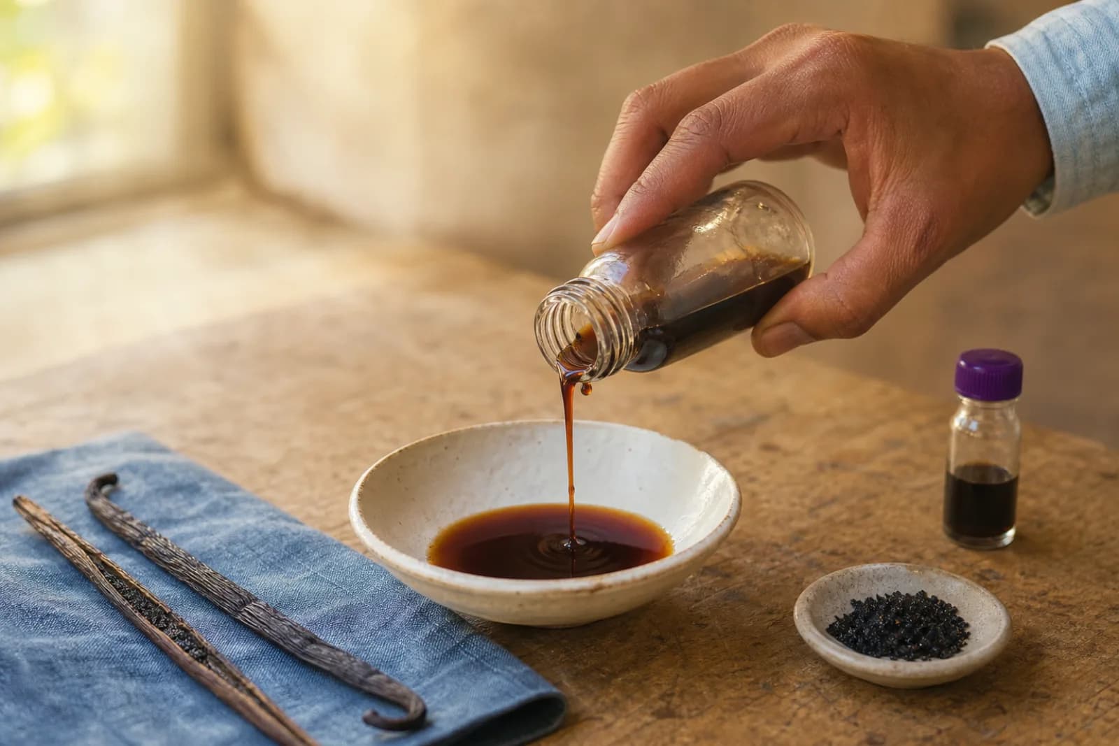 Hand pouring amber vanilla extract into a cream ceramic bowl with vanilla pods on navy linen