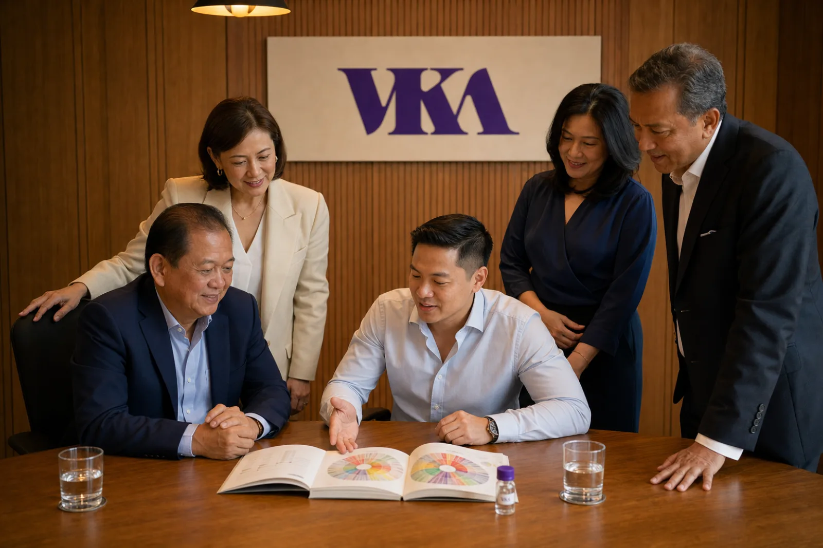 VKA leadership team gathered around a wood conference table mid-discussion of a flavour wheel, with the VKA wordmark on the wood-panelled wall behind